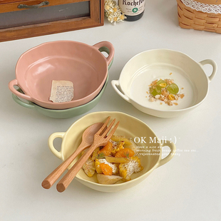 奶油风餐具双耳烤碗烤箱用家用吃泡面碗陶瓷酸奶碗带勺燕麦早餐碗