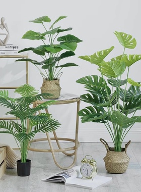 彷真绿色植物摆件龟背芋盆栽叶子客厅小型落地植物高端轻奢室内假