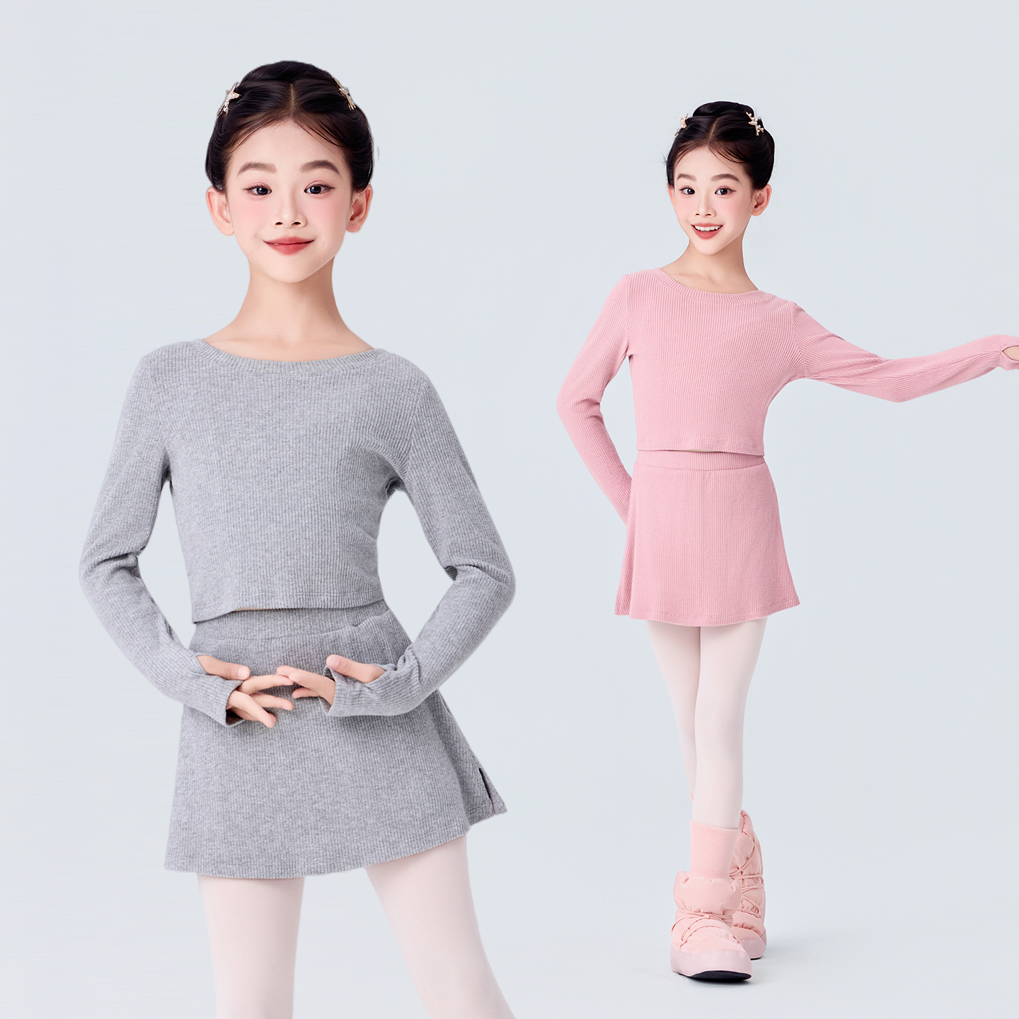 舞蹈服儿童女针织上衣裙裤练功服女童芭蕾舞秋冬季套指小披肩套装