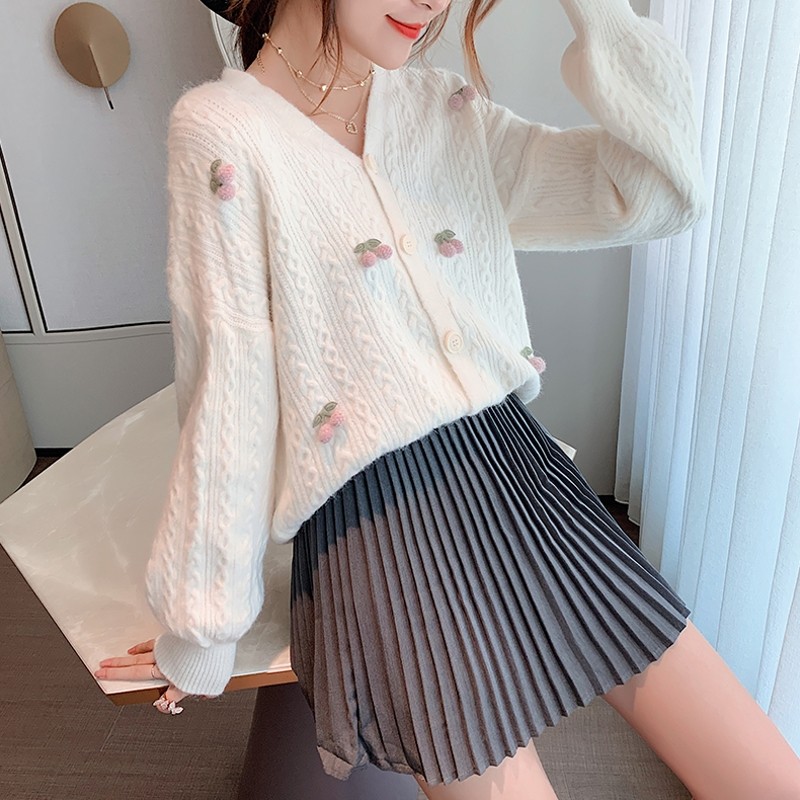 刺绣樱桃针织上衣女秋冬季慵懒风长袖开衫毛衣外套女宽松外穿百搭