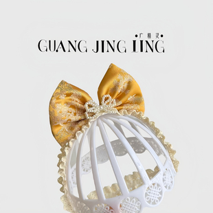 黄金色贵气女宝宝唐装蝴蝶结发饰婴儿百天周岁宴汉服发带拍照配饰