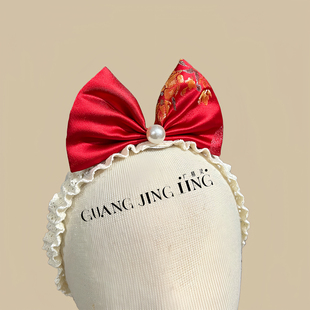 酒红色复古蝴蝶结发饰中国风女宝宝发带婴儿周岁礼服唐装发箍配饰