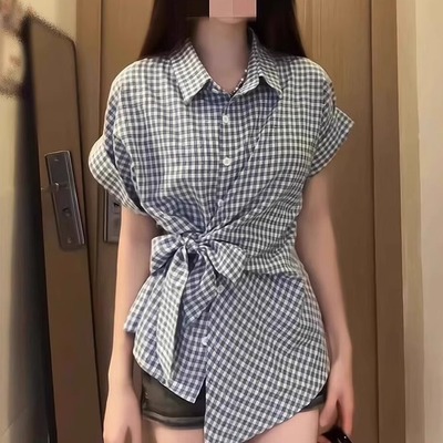 韩系蓝色格子蝴蝶结绑带p