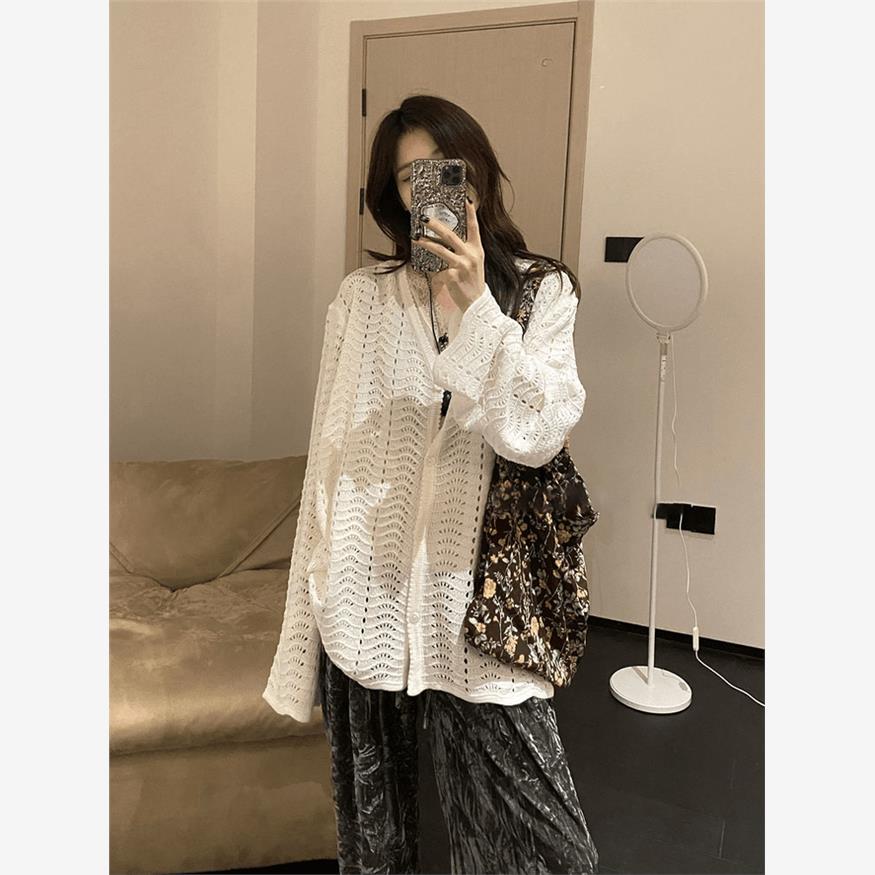 慵懒风镂空白色针织衫上衣女早春2025新款设计感小众百搭开衫外套