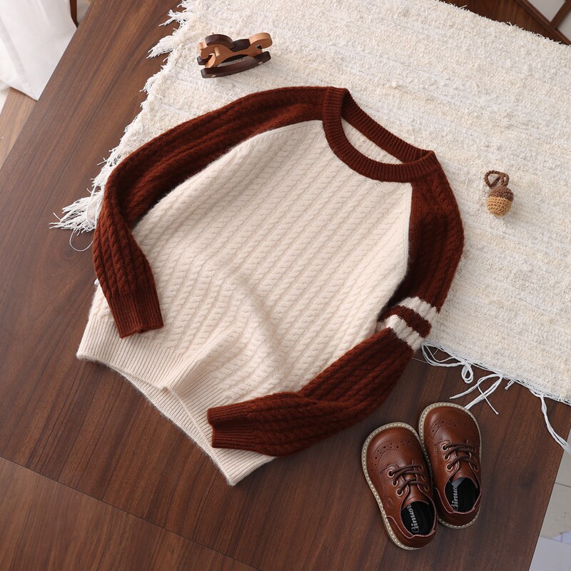 儿童羊绒衫撞色插肩男童加厚圆领女童麻花拼色毛衣秋冬新款打底衫