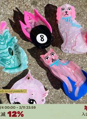 RTEP 手绘呆萌艺术系粉蓝色狗狗猫咪锦鲤火焰醋酸彩色抓夹鲨鱼夹