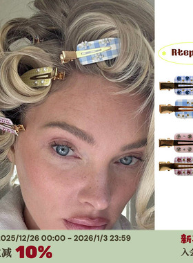 RTEP 定制emijay蓝色格子无痕夹粉色花朵钻石镶嵌刘海发夹高级感