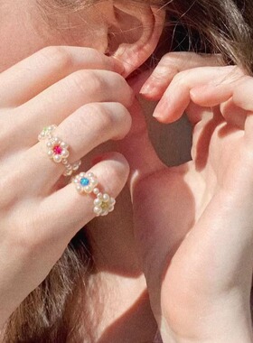 RTEP MAMA Ring 小众设计超可爱彩色水晶珍珠花朵手工编织女戒指