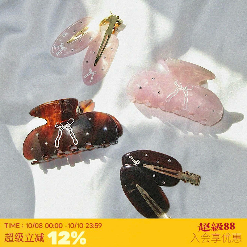 琥珀粉~蝴蝶结法式丝带抓夹