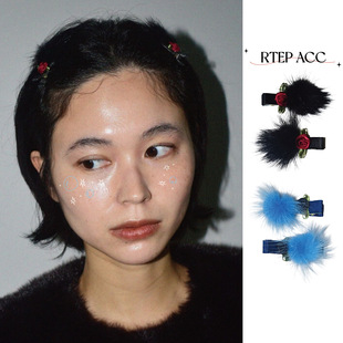 花朵毛绒绒球发夹小众设计usite毛球玫瑰花侧边夹子刘海夹 RTEP