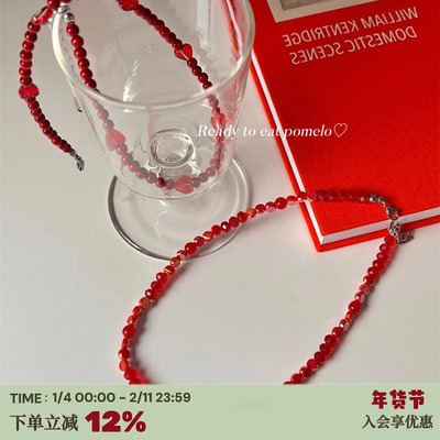韩国blingbling红色水晶爱心项链