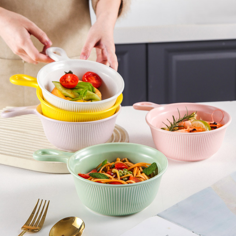 网红ins奶油餐具单柄碗陶瓷碗带手把儿童碗早餐碗泡面碗汤碗烤碗