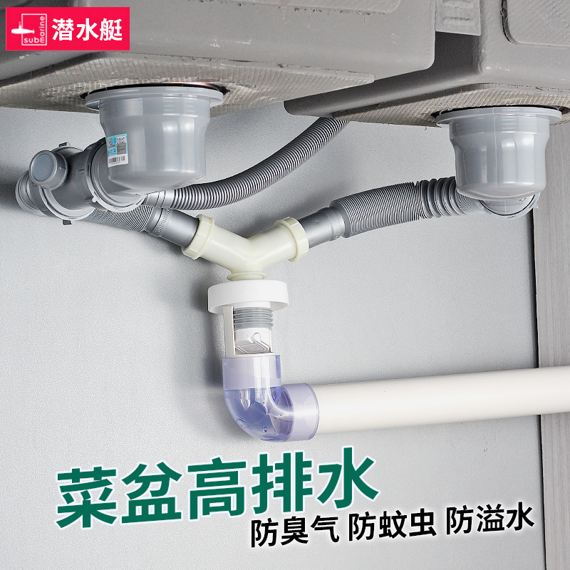 潜水艇双槽菜盆高位下水管防臭