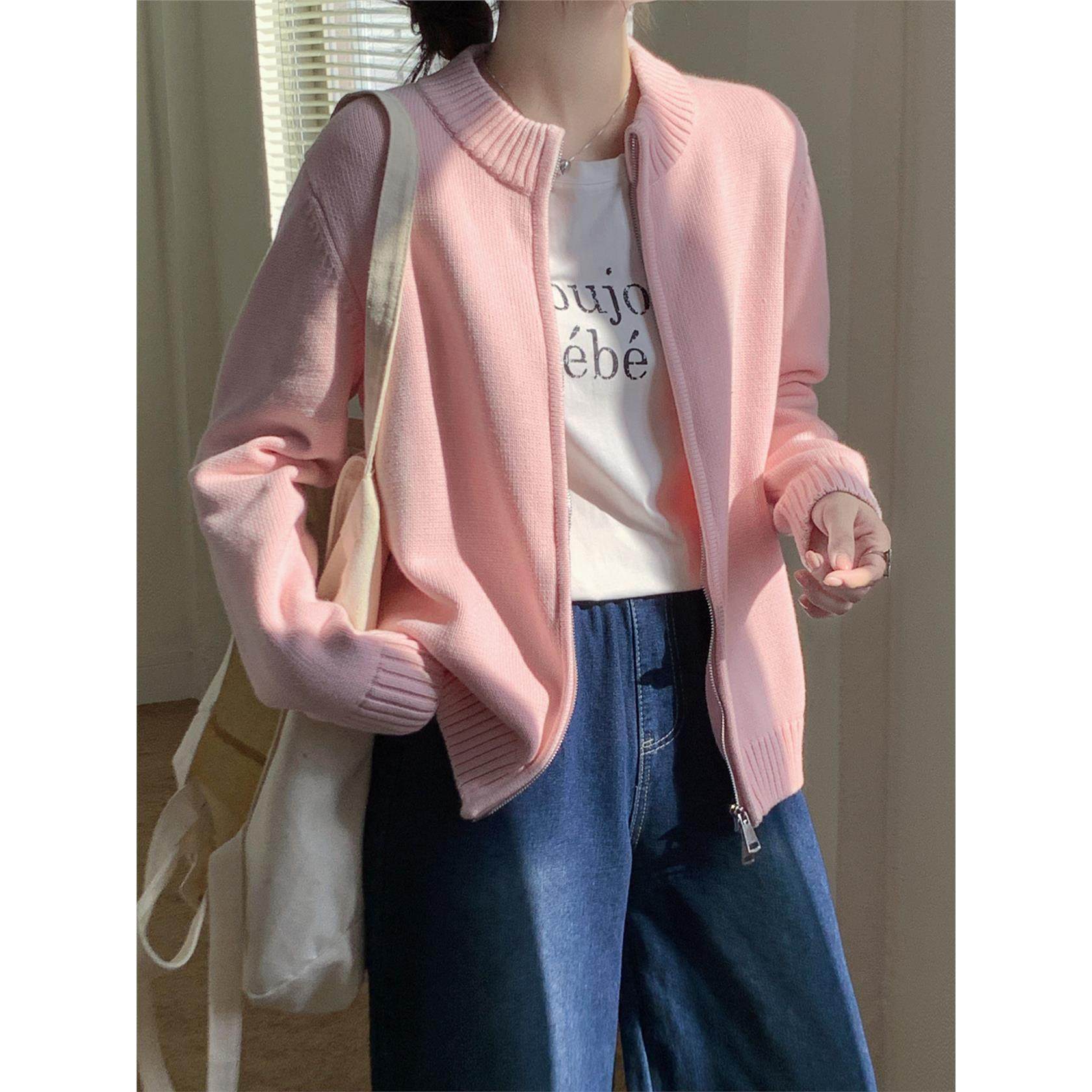 100%纯棉红色针织开衫女长袖高领春秋冬季加厚全棉线拉炼毛衣外套