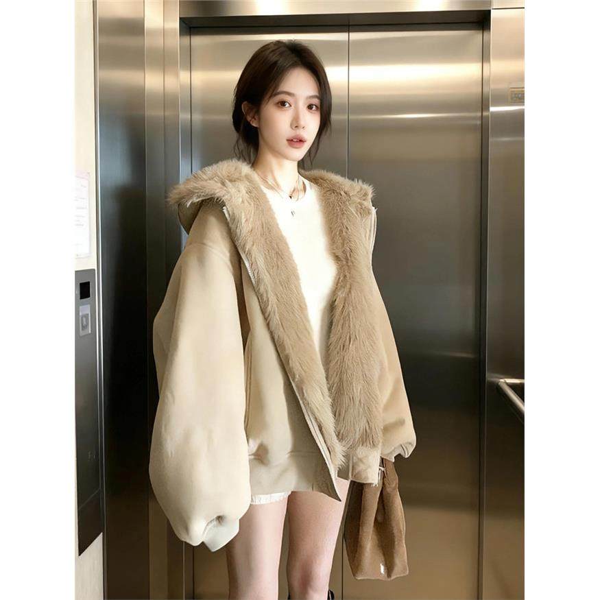 两面穿外套女冬2025新款座山雕棉服环保仿皮草加厚保暖连帽卫衣