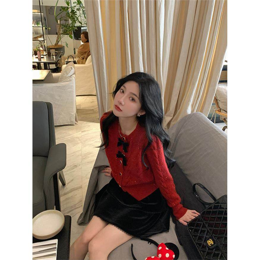 陈大钰别致绝美红色圣诞毛衣女秋冬设计感蝴蝶结亮片针织开衫上衣,个性定制/设计服务/DIY,棉服工装,淘宝优惠券,粉丝福利购,淘宝优惠卷