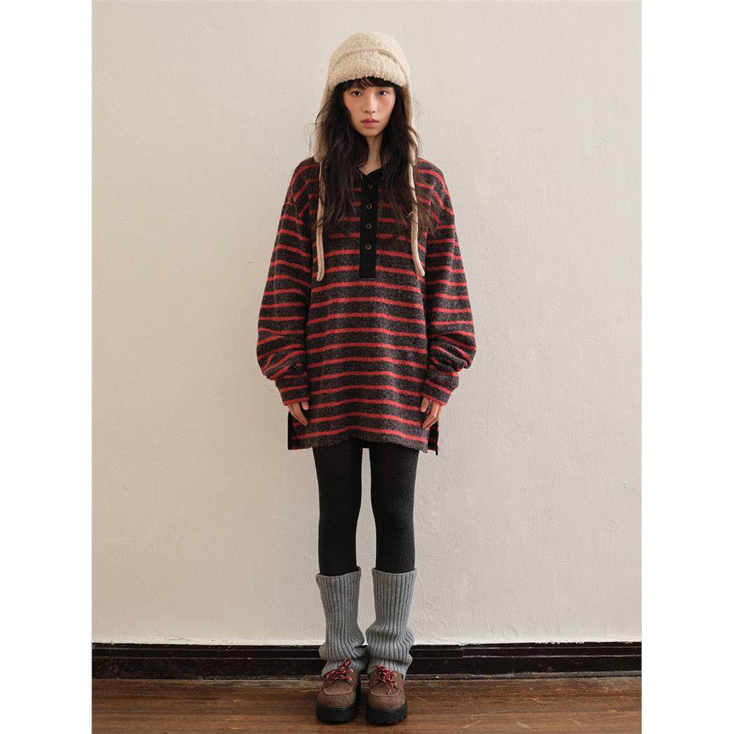 【PP同款】TDDP 红黑条纹撞色磨毛POLO领卫衣女冬宽松中长款上衣