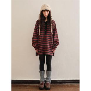 【PP同款】TDDP 红黑条纹撞色磨毛POLO领卫衣女冬宽松中长款上衣