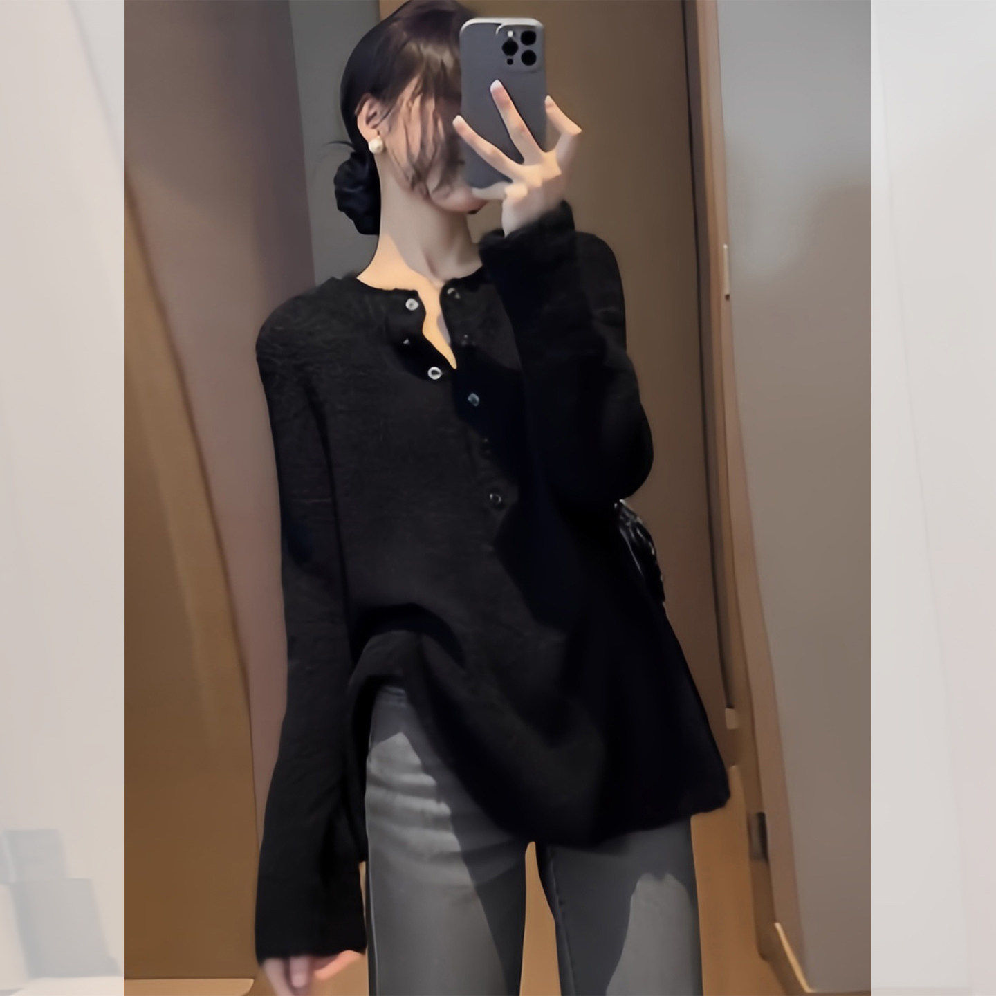 黑色半开领软糯针织衫毛衣女款2025新款冬季中长款上衣遮屁股洋气