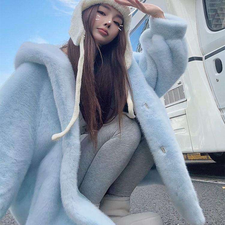 冬软乎乎宽松连帽显瘦保暖毛毛外套彷皮草淡蓝色减龄环保戴帽外套