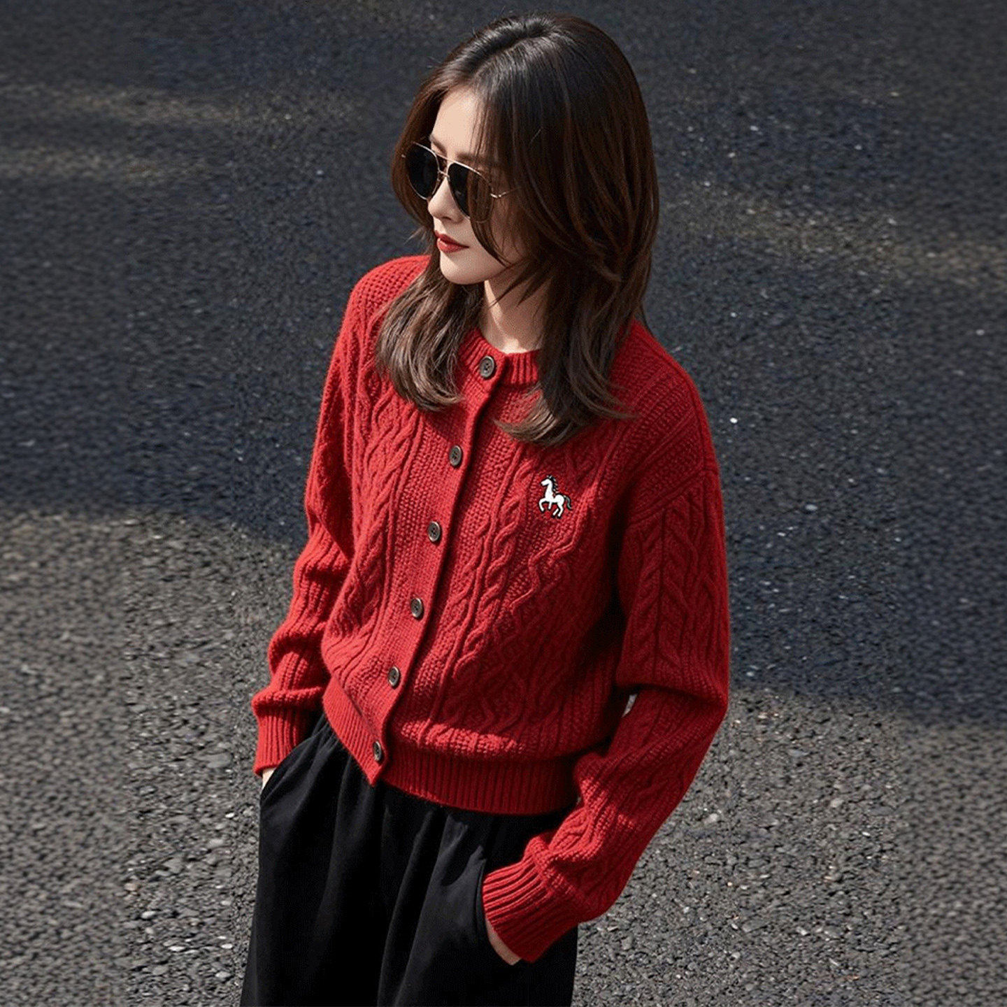 红色小马刺绣开衫绞花纹毛衣外套女款2025秋冬季超好看针织衫上衣