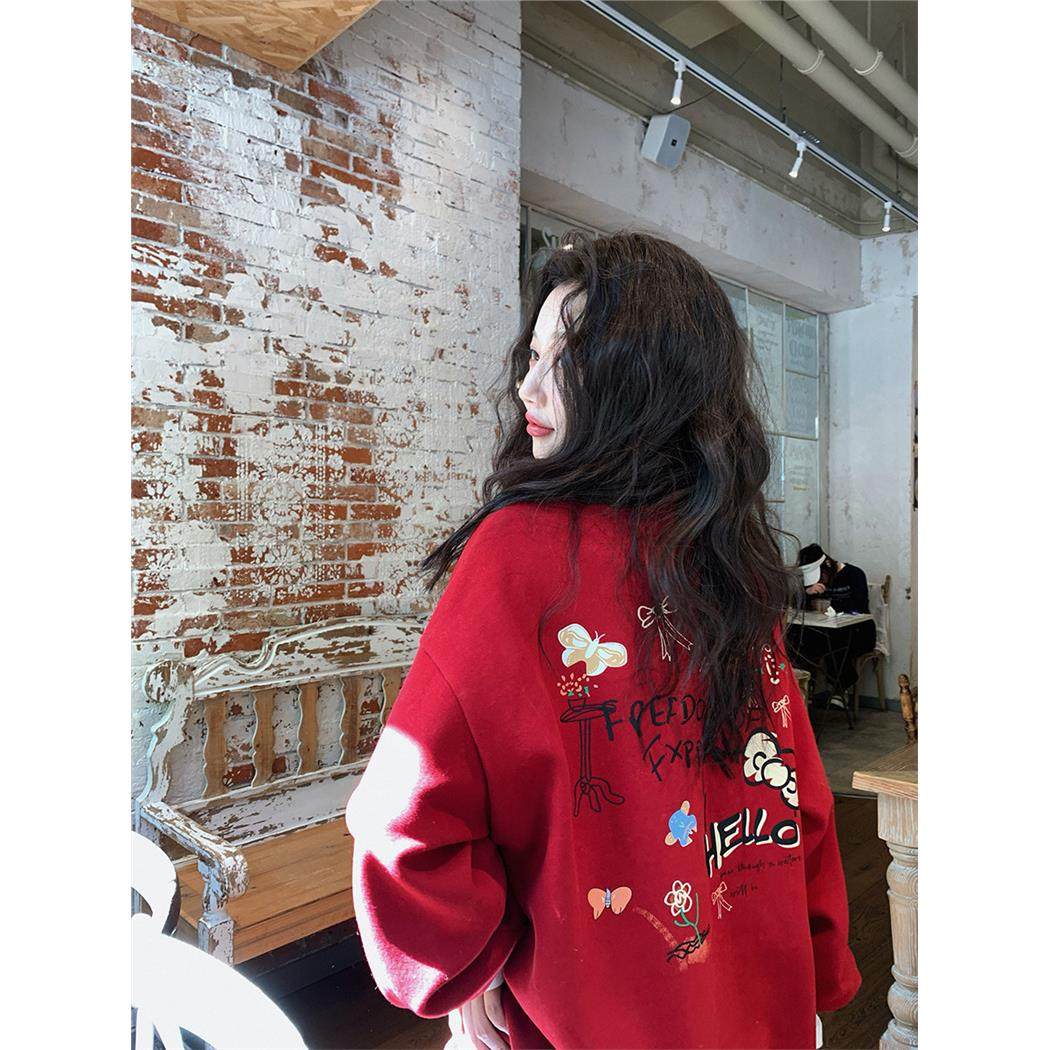 张贝贝设计感休闲童趣涂鸦卫衣女减龄保暖圆领上衣