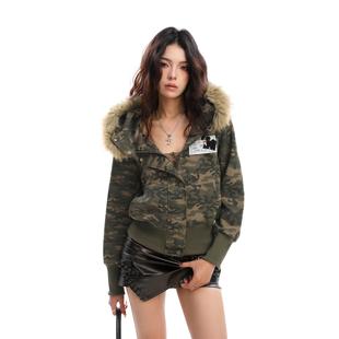BIGGOLD美式可拆卸毛领迷彩连帽卫衣女秋冬显瘦拉炼短款开衫外套