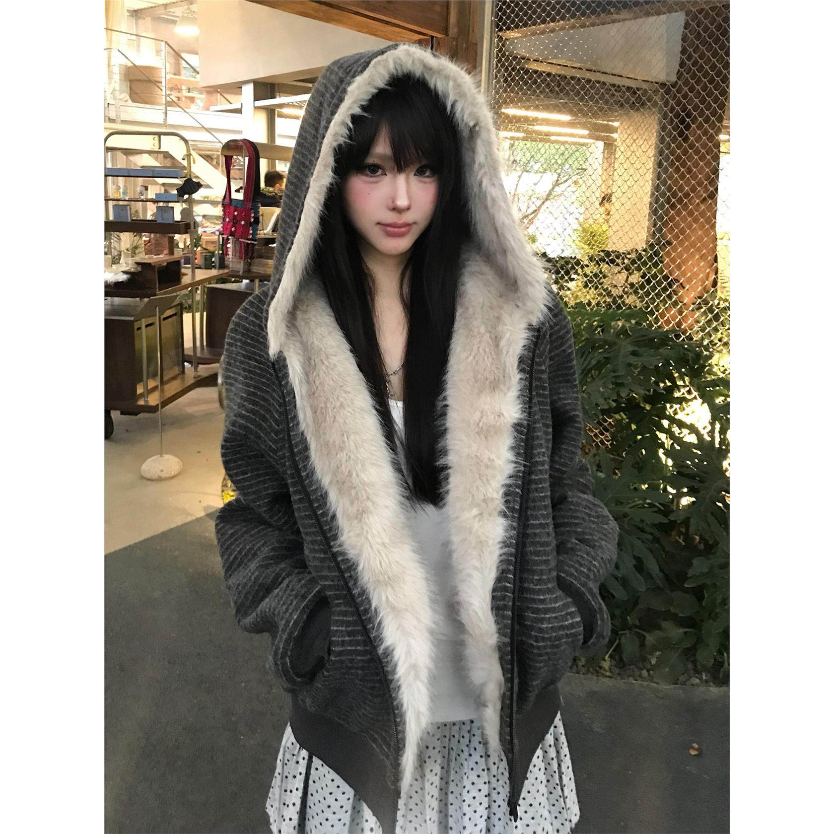 美式座山雕毛领外套女冬季新款加绒加厚条纹连帽卫衣开衫重磅上衣