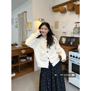 PPHOME温柔风加厚软糯麻花毛衣短外套女秋冬韩系宽松休闲针织开衫
