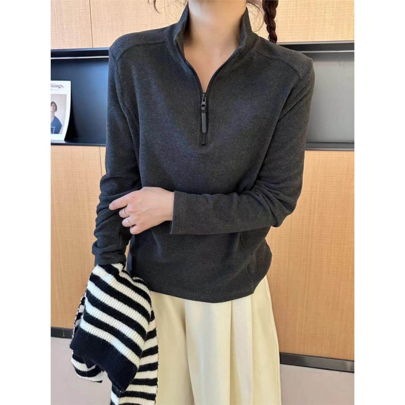 立领半拉炼卫衣女2025秋季新款设计显瘦百搭双面德绒T恤女装上衣