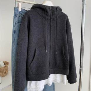 重磅加厚深灰色卫衣外套女气质慵懒保暖百搭秋冬韩版连帽拉链开衫