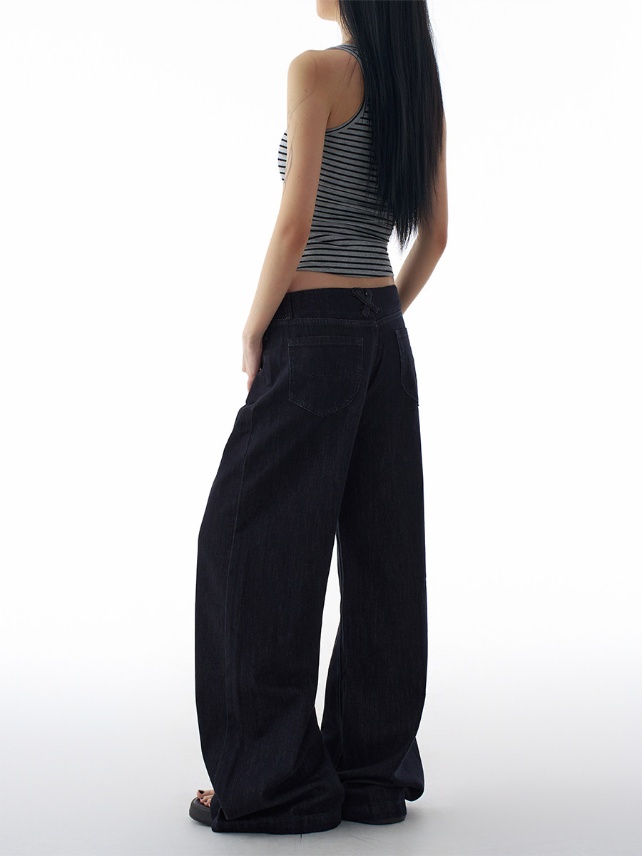 American Retro Dark Blue Low-Waisted Wide-Leg Jeans for Women 2025 Autum New Style Drapedy Straight Wide-Leg Pants