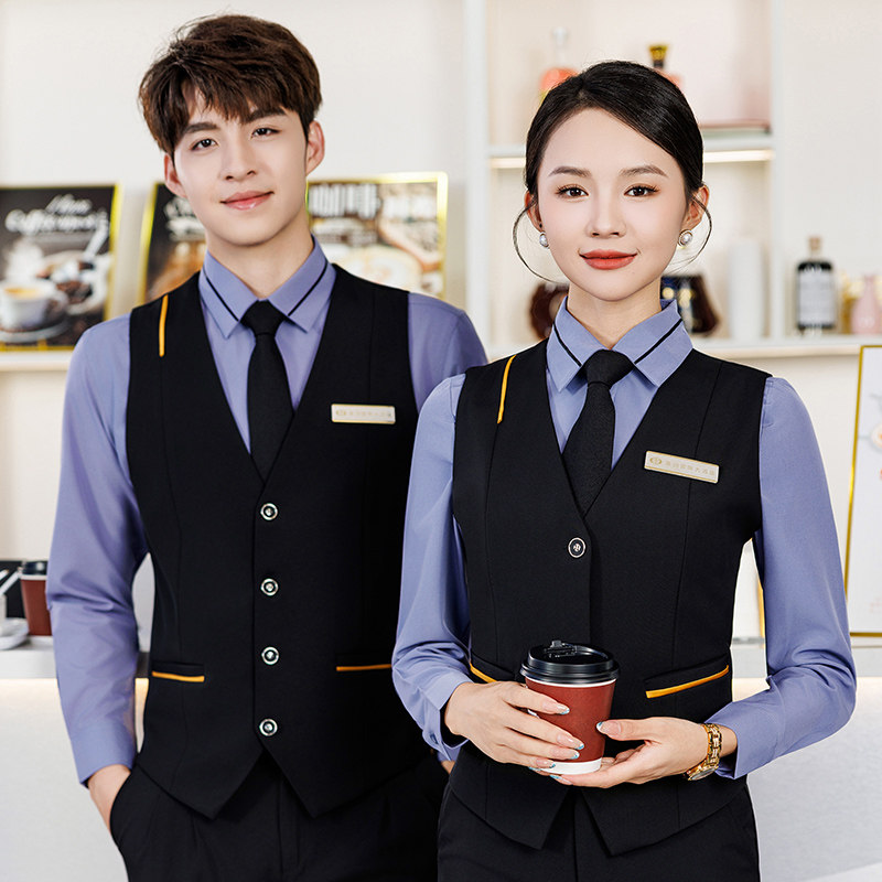 ktv酒吧服务员工作服灰衬衫马甲台球西餐厅新款长袖假两件套定制