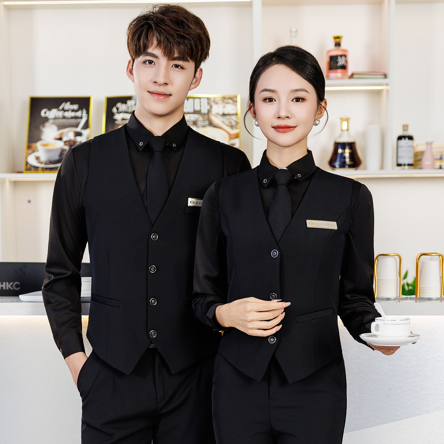 餐饮前台接待新款服务员工作服酒吧ktv酒店饭店台球马甲套装工装