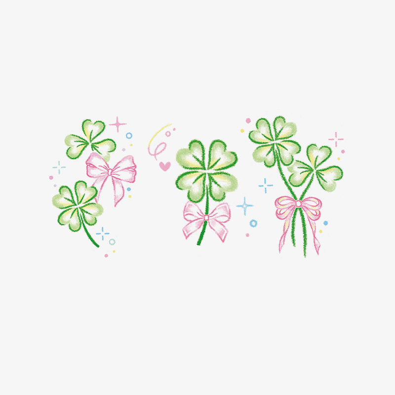 幸运四叶草春季luck卡通可爱蜡笔画风蝴蝶结女孩防水纹身贴