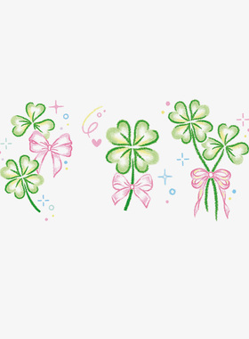 幸运四叶草春季luck卡通可爱蜡笔画风蝴蝶结女孩防水纹身贴