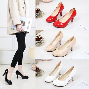 百搭高跟鞋女7cm圆头防水台漆皮韩版学生礼仪COS单鞋浅口细跟皮鞋