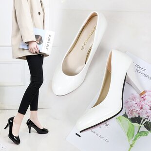 10厘米防水台高跟鞋女7cm细跟圆头职业白色万用COS单鞋工作大码皮