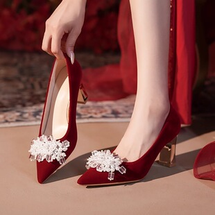 中式秀禾红色高跟鞋女结婚礼服两穿婚鞋粗跟敬酒不累脚绝美新娘鞋