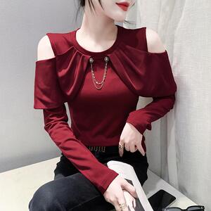 时尚设计感长袖T恤女2024秋装新款气质圆领修身拼接露肩打底衫潮