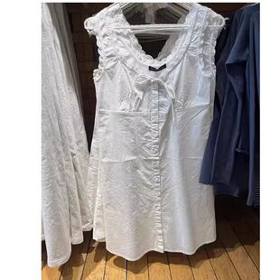 BM新款纯欲风花边开身纽扣背心裙女白色吊带裙辣妹高腰系带连衣裙