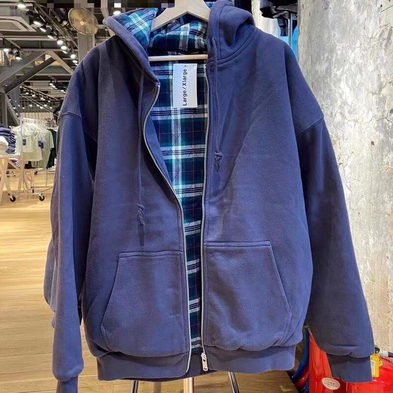BM风Brandy同款连帽开衫卫衣女BM红格子内胆加绒棉服夹克宽松外套