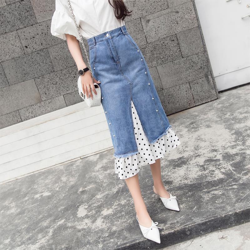 2019 spring and autumn new pattern Wave Lotus leaf Step Denim skirt Mid length version Paige Package hip Mosaic Fishtail skirtin the Women's clothing/Boutique , Skirts  category - from Buy2taobao.com to provide professional Taobao agent buy service