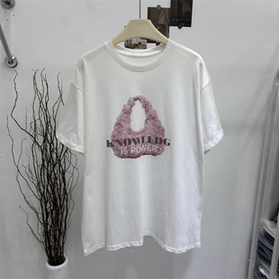 T恤女宽松显瘦百搭上衣 简约花朵包包印花短袖 韩系2026春季 新款