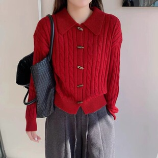 牛角扣翻领羊绒针织开衫女欧洲站秋冬装新款欧货女装毛衣外套潮