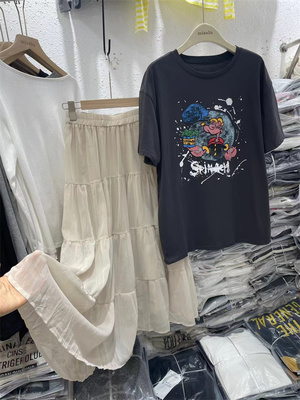 韩国时尚套装裙女2026夏新款韩版字母卡通图案大版T恤+褶皱半身裙