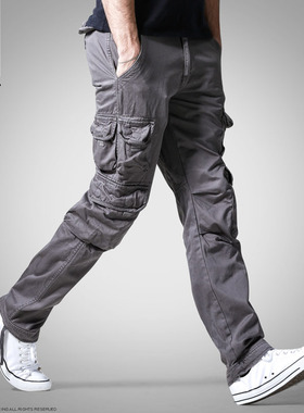 麻吉多袋裤男长裤大码工装裤男士直筒宽松休闲户外纯色裤子潮6325