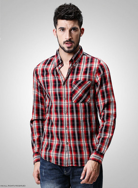 match麻吉男装秋季大码休闲格子衬衫男士修身长袖方领衬衣潮G2305