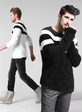 match麻吉男士毛衣冬季圆领套头条纹针织衫男潮休闲毛绒衣男Z1537