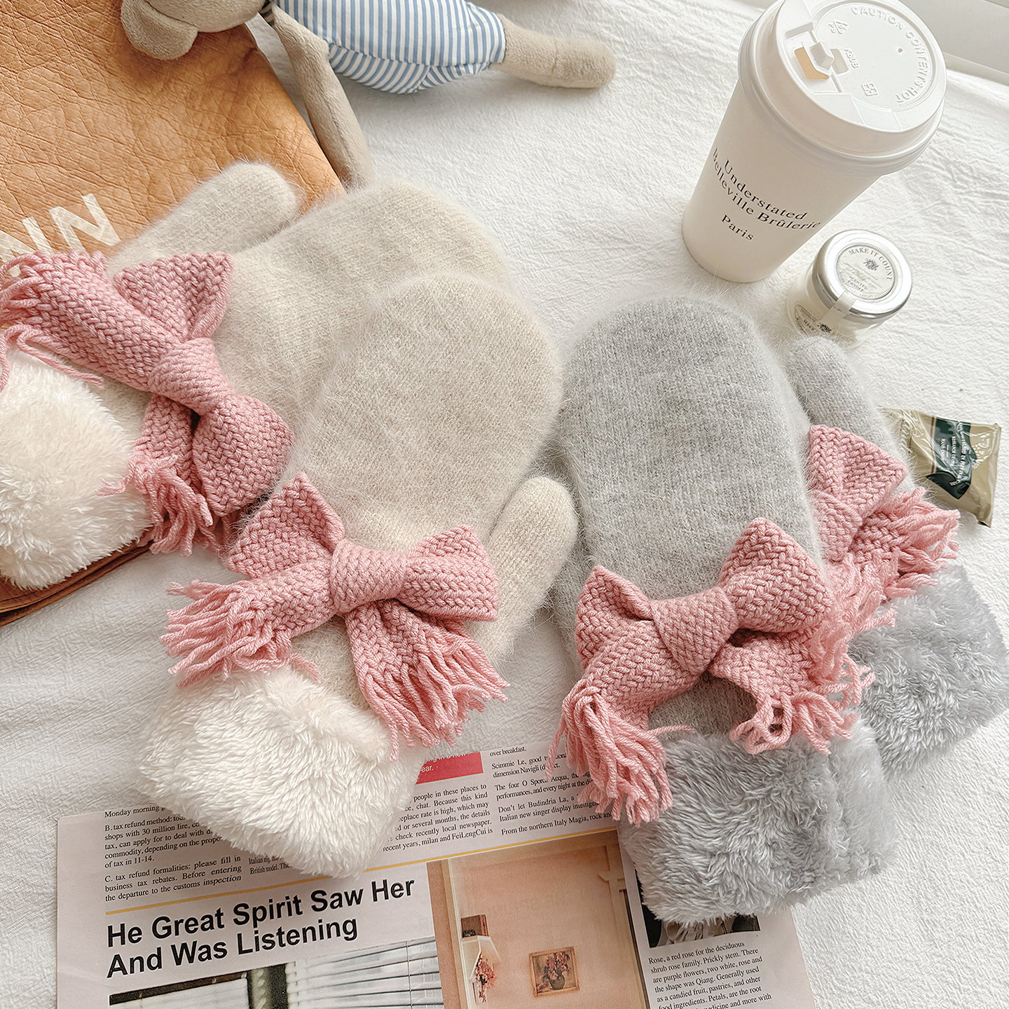 手套女士保暖加绒可爱蝴蝶结毛线女秋冬加厚连指包指防寒骑车手套